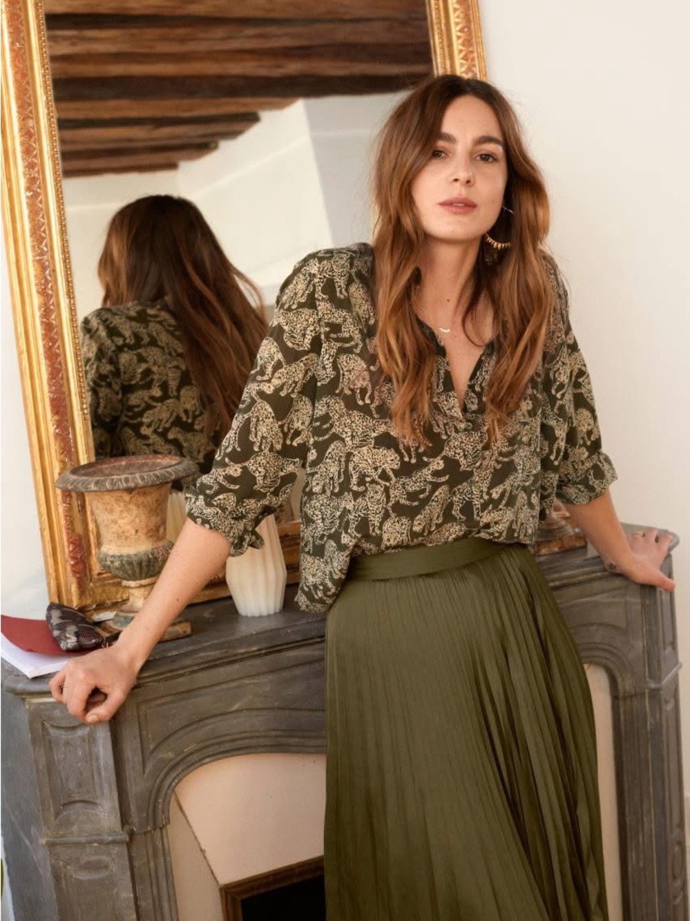& Other Stories Paris Atelier 100% Silk Olive Jaguar Print Blouse